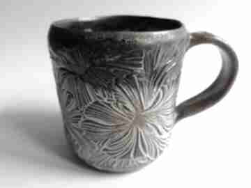 Kubek "kwiatowo karmelowo złotawo" ceramika eva art rękodzieło, z gliny, ręcznie zrobiony