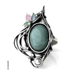 Primavera srebrny pierścionek z amazonitem i perłą miechunka srebro, amazonit, metaloplastyka