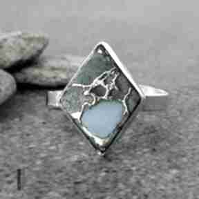 Boho blue srebrny pierścionek z turkusem miechunka, metaloplastyka srebro