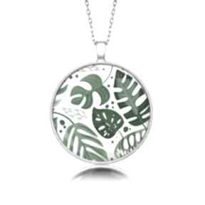 Medalion okrągły z grafiką monstery naszyjniki laluv rośliny, liście, natura, zielone, prezent