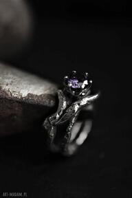 Srebrny pierścionek z ametystem dziki królik pierścień z minerałem, ametyst, biżuteria