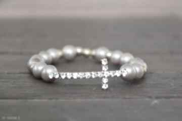Cyrkoniowy krzyż w beżowych perłach bracelet by sis, cyrkonie, perły, złoto, nowość