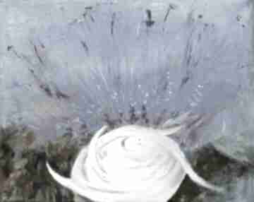 Surrealizm: biały obiekt ufo. Szkic olejny obraz - trawą coś nierealny dom