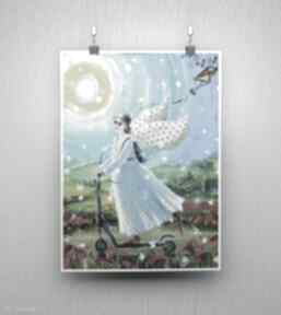 Szczęście nowego dnia plakat plakaty marina czajkowska papier, 4mara, anioł, hulajnoga, dom