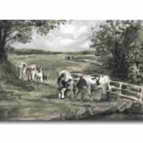 Śniadanie na trawie sucha pastel bajkowa pracownia krowy, wieś, wspomnienia, skansen, folk