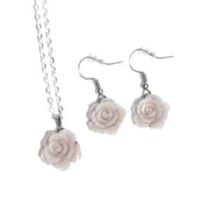 Komplet - róża pudrowy róż koral lili arts, naszyjnik, kolczyki, biżuteria na wesele