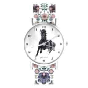 Zegarek - czarny koń, cyfry folk biały, nylonowy zegarki liliarts, pasek, typ militarny