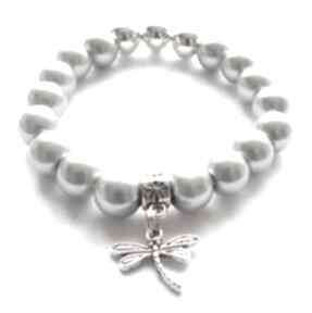 Bransoleta grey pearls&dragonfly camshella ważka, zawieszka, perły, charms