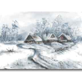 Zima na wsi sucha pastel dekoracje bajkowa pracownia, wieś, skansen, widoczek, pejzarz