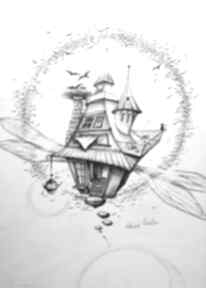 "latający dom czarownicy" rysunek ołówkiem artystki - fantasy adriana laube
