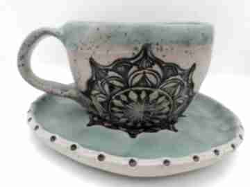 Komplet "mandala w turkusie" 3 ceramika eva art rękodzieło, filiżanka z gliny, do kawy