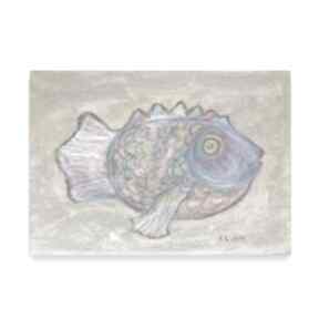 Kolorowy rysunek z rybką, ryba obraz, nowoczesna grafika do biura, złoty obrazek, annasko
