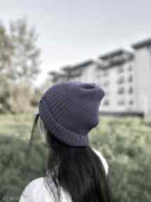 Fioletowa czapa patka dla niej, ciepła, czapka drutach, prezent