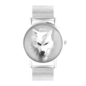 Zegarek - biały wilk bransoleta mesh zegarki yenoo, metalowa, dla niego, prezent