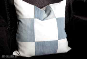 Jeansowa szachownica - niebieski ecru poduszki gabiell, poszewka, jeans, recykling, prezent