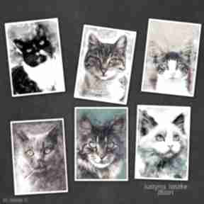 Koty w akwareli - zestaw 6 grafik rozmiarze 13x18 cm zwierzaki justyna jaszke kot