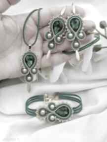 Szmaragdowy zestaw biżuterii, komplet kryształowy, soutache, zielony soutacheria