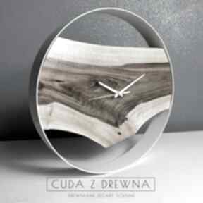 Drewniany zegar w białej obręczy, nowoczesny styl średnica 35 cm zegary cuda z drewna, w biały