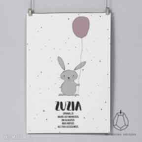 Plakat królik z malinowym balonikiem pokoik dziecka papierowa gruszka, obrazek, pokoju