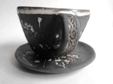 Komplet "biało na czarnym" 3 ceramika eva art rękodzieło, filiżanka z gliny, do kawy, użytkowa