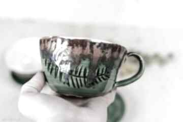 Rezerwacja - do kompletu filiżankalasyczna kawy zielono miedziana z motywem paproci 380