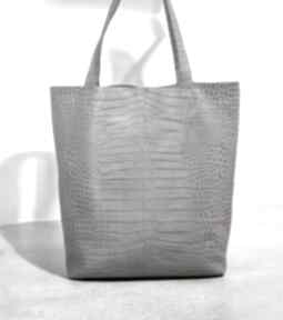 Duża szara shopper bag croco shopperka, skóra naturalna torebki unique handmade szoperka