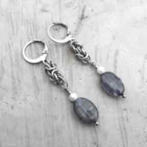 Perłowe z iolitem - kolczyki jewelsbyat biżuteria ze stali, stal szlachetna, chainmaille, perły