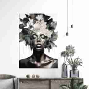 Plakat portret czarnoskórej kobiety - z kwiatami i roślinami 50x70cm plakaty annsayuri art