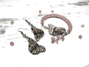 Komplet biżuterii motyle - pomarańczowy kameleon, kolczyki bransoletka koraliki