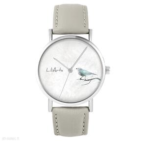 Zegarek - turkusowy ptaszek skórzany, beżowy zegarki liliarts, pasek, ptak, grafika autorska