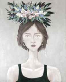 Obraz kobieta z kwiatami ręcznie malowany 80x100 cm - flower