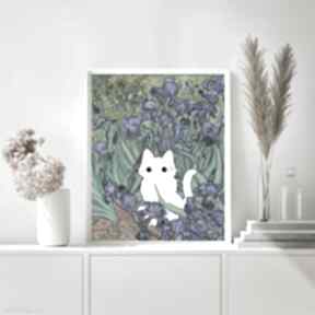 Plakat biały kot w irysach van gogh'a 40x50 - śmieszny z kotem prezent dla miłośników kotów