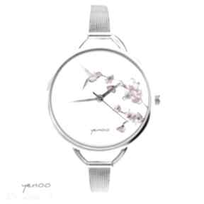 Zegarek, koliber kwitnąca wiśnia zegarki yenoo bransoletka, stylowy, ptaszek, kwiaty