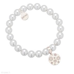 Biała bransoletka z pereł swarovski® crystal ze śnieżynkami różowego złota sotho, perły, zima