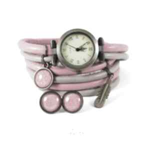 Komplet - piórko zegarek i kolczyki różowo, beżowy antyczny brąz zegarki liliarts