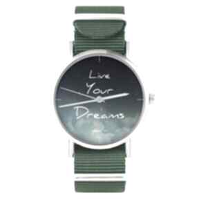 Zegarek - live your dreams zielony, nylonowy zegarki yenoo, pasek, militarny typ, marzenia