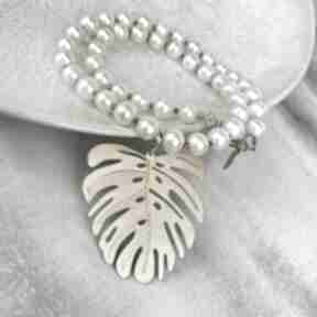 z pereł naturalnych c1035 artseko z perłami, biały naszyjnik, elegancki z monsterą, perłowy