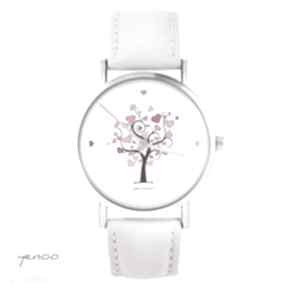 miłości pudrowy róż, zegarki yenoo zegarek, drzewo, serce, skórzany, grafika
