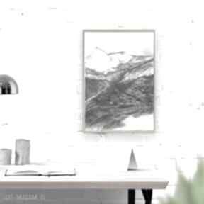 Oprawiony czarno biały obraz, pejzaż, nowoczesny z górami, szkic górski n22 annasko rysunek