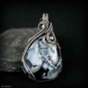 Wisiorek z niebieskim agatem wisiorki blue pearl art wire wrapping, duży, miedziana biżuteria