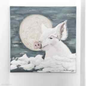 Szczęśliwa obraz akrylowy oryginał misty art studio świnka, słońce, księżyc, szczęście