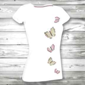 Ręcznie malowana koszulka bawełniana komfort na lato - 5 motyli bluzki gala vena motylek, biała