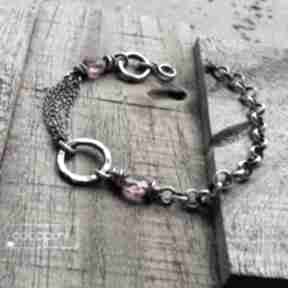 Srebro i kwarc rózowy - bransoletka łańcuszkowa z kamieniami cocopunk, srebrna - komplet