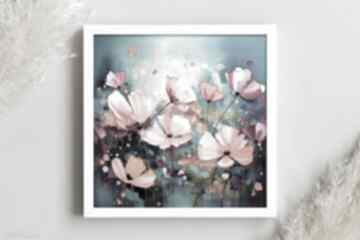 Niebieski obraz z różowymi kwiatami - plakat 50x50 cm kwadratowy annsayuri art różowy kwiaty