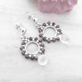 Kropelki kryształu z granatem - jewelsbykt srebrne kolczyki, wiszące, biżuteria z kamieniami