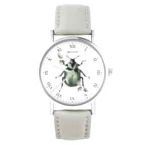 Zegarek - zielony żuczek skórzany, beżowy zegarki yenoo, chrabąszcz, unikatowy