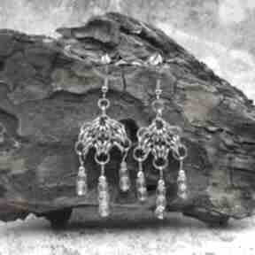 Kolczyki chainmaille - kryształ górski, hematyt omnis lapis, wiszące, zima