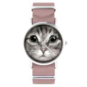 Zegarek - kot tygrysek czerwony, nylonowy zegarki yenoo, pasek, typ militarny - prezent