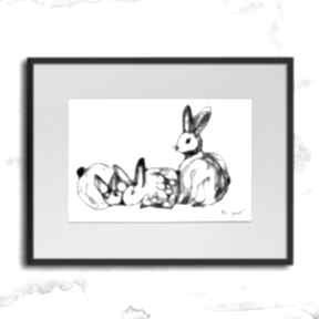 Grafika 152-zajączki maja gajewska na prezent, czarno biała, wielkanocna, z królikiem