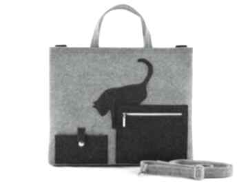 Duża szara filcowa torebka - torba na laptopa z kotkiem